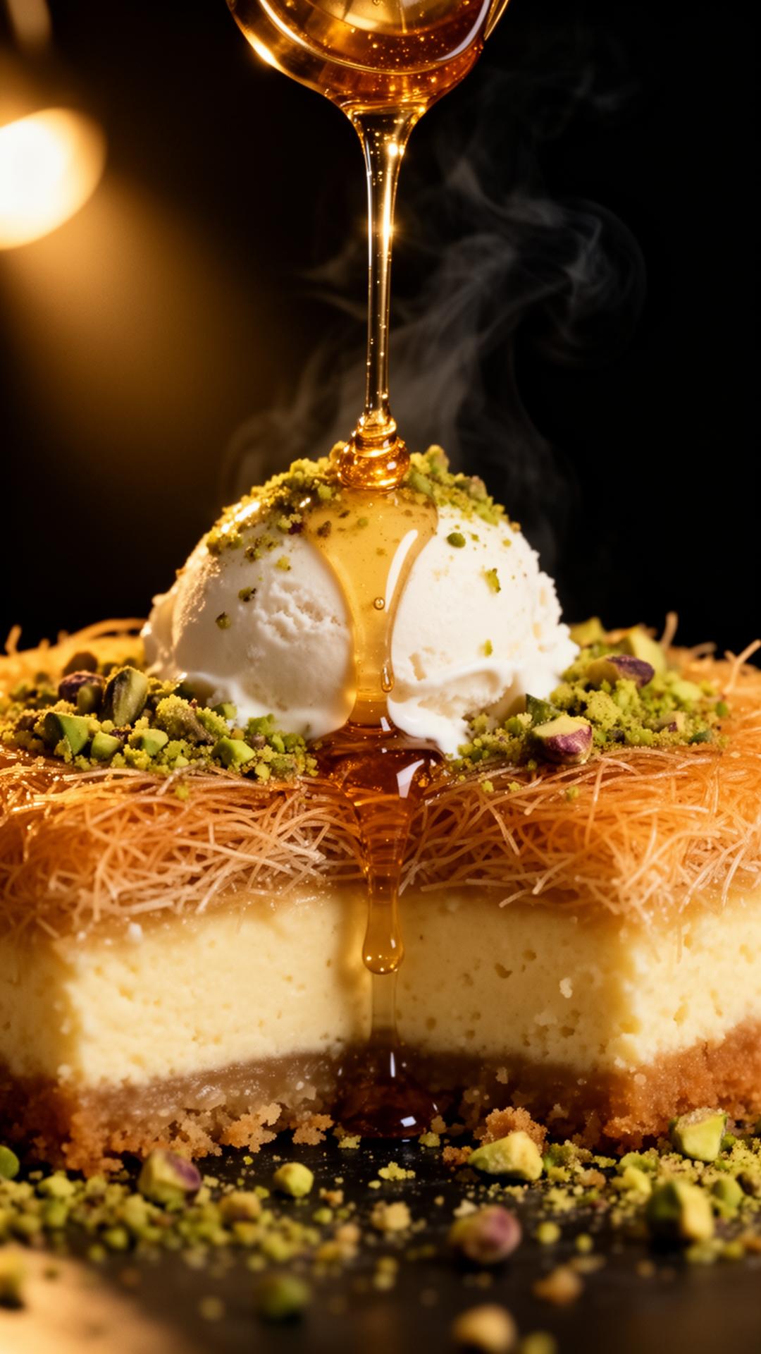Slow honey pour over pistachio kunafa