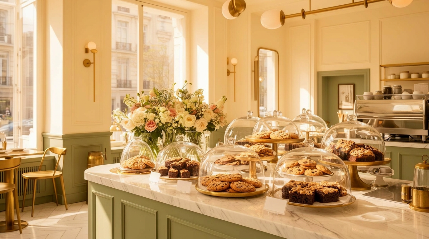 Sunlit Wunder Crumble interior — marble counter of artisan desserts under glass domes